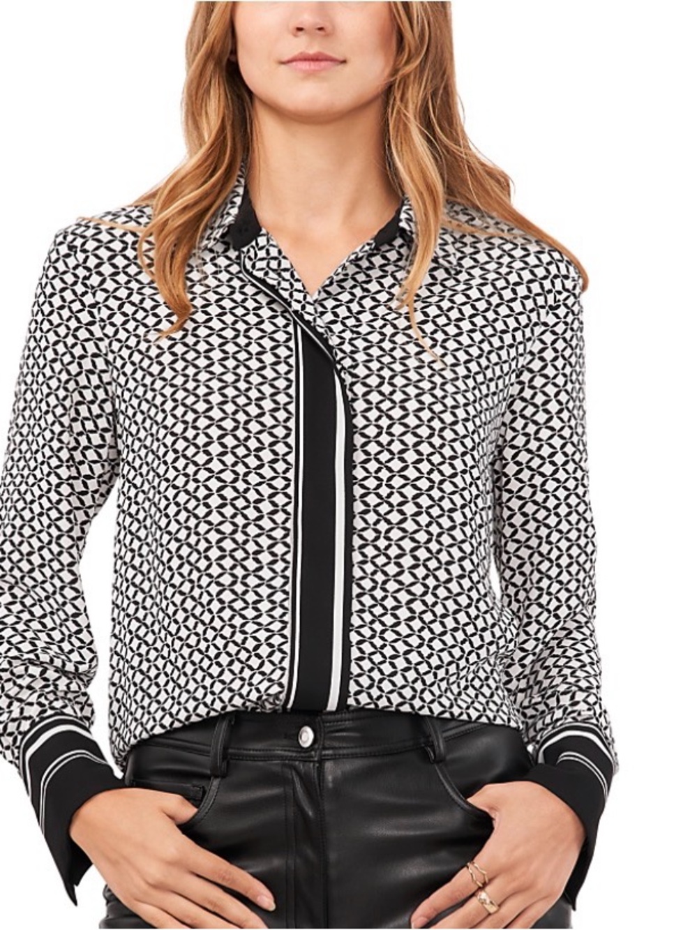 Vince Camuto BLK/WHT Long Sleeve Blouse with Geometric Print and Stripes in XL